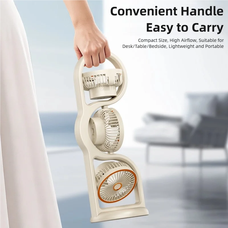 Portable USB Rechargeable Three Head Fan - 360° Air Circulation 5 Speed Desktop Cooling Fan for Dorm, Office & Outdoor Use