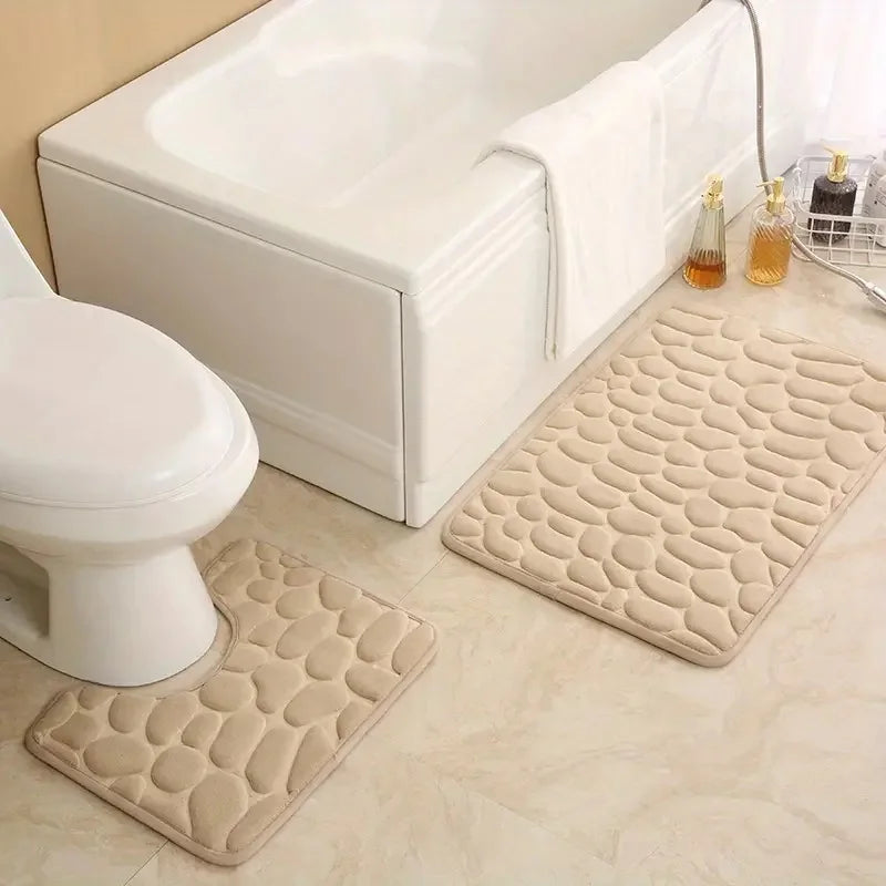 2PC Embossed Stone Pattern Toilet & Door Mats – Water-Absorbent, Non-Slip, Washable Home Decor Carpet