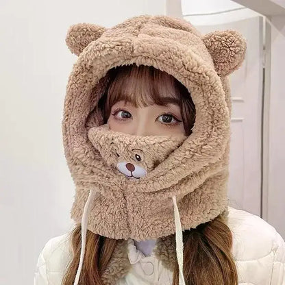 Winter Cartoon Bear Lamb Hat with Mask – Thickened Warm Beanie with Ear Protection for Women & Girls