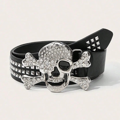 Gothic Skull Rhinestone Buckle Belt - Punk Rivet Hip-Hop Rock Y2K Fashion Accessory for Men & Women