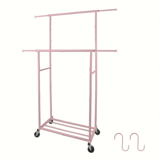 Pink Twin-Pole Rolling Clothes Rack with Net Shelf – Cute Metal Garment Rack, Strong Load-Bearing Storage