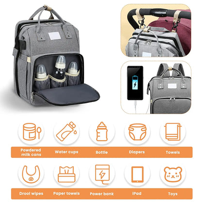 Fashionable Mommy Bag: Folding Baby Bed with Large Capacity for Milk Bottles, Diapers, and Double Shoulder Carrying - Portable Mother's Essential