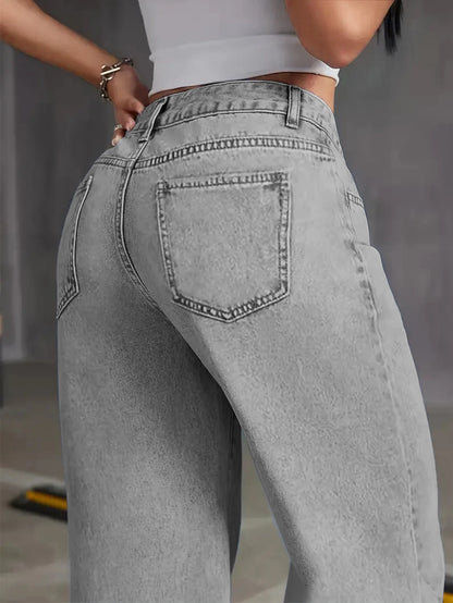 Women’s Autumn High-Waisted Wide-Leg Jeans – Light Grey Washed Loose-Fit Casual Denim Pants