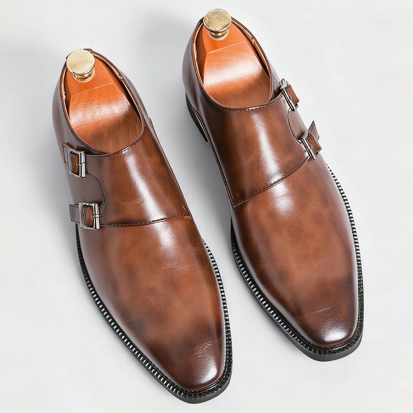 Men’s Retro Monk Strap Dress Shoes - Pointed Toe Leather Oxfords for Business, Office & Wedding