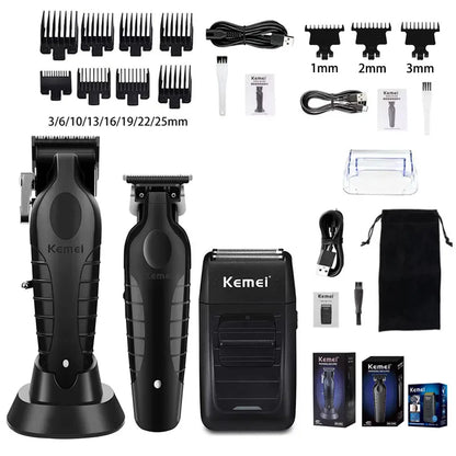Kemei Professional Hair Clipper Kit – KM-2296, KM-2299, KM-1102 Electric Shaver & Cordless Trimmer for Men’s Hair Cutting
