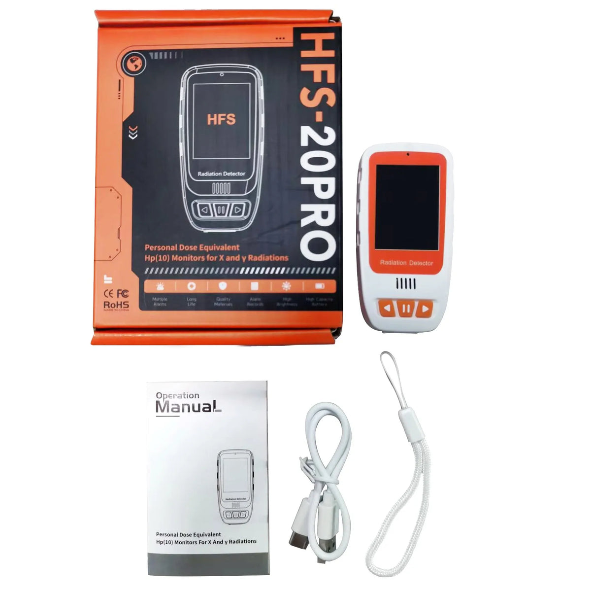 HFS-20PRO Handheld Radiation Detector - β, γ & X-Ray Geiger Counter with Alerts, Data Storage & Rechargeable Battery