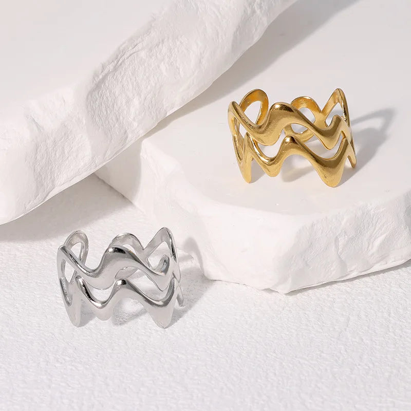Stainless Steel Irregular Wave Adjustable Ring – Creative Gold Statement Jewelry for Women & Men