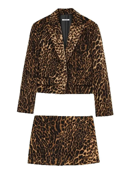 Women’s 2-Piece Leopard Print Skirt Suit – Long Sleeve Blazer Top & Mini Skirt Fashion Set