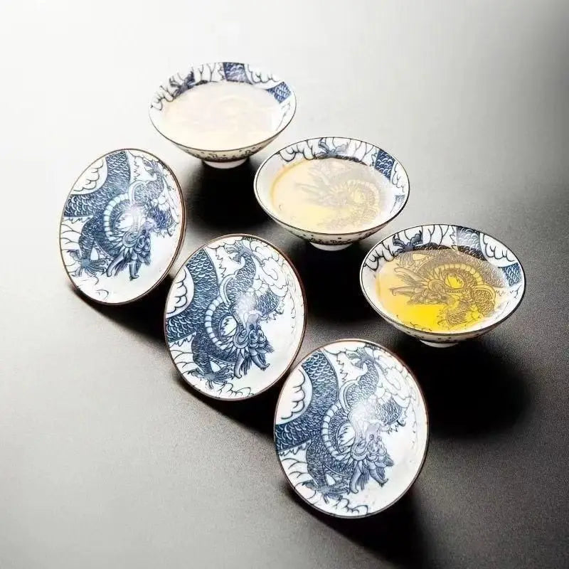 70ML Handmade Blue & White Porcelain Tea Cup – Dragon, Phoenix & Fish Pavilion Design for Chinese Kungfu Tea Ceremony