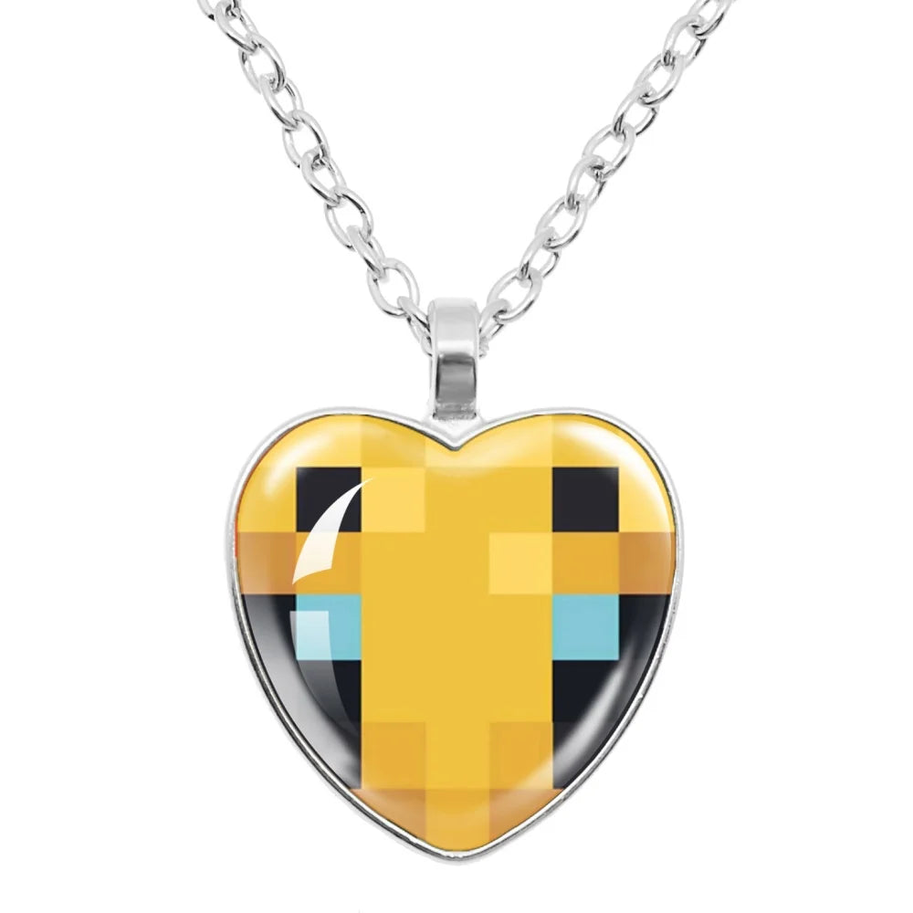 Funny Pixel Block Cartoon Pendant Necklace – 25mm Glass Heart-Shaped Charm, My World Theme Jewelry Gift
