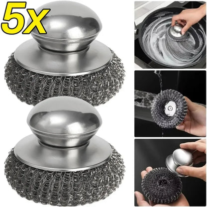 Stainless Steel Pot Brush with Handle – Heavy Duty Dishwashing Wire Ball for Pot & Pan Cleaning (5/1 Pcs)