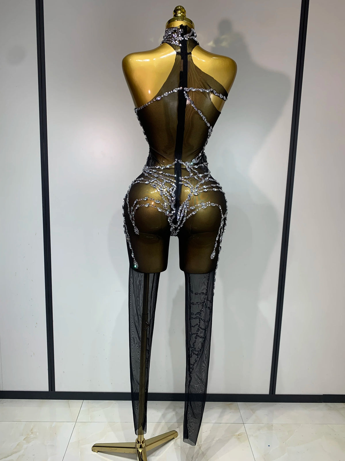Sparkly Diamond Mesh Jumpsuit for Women - Sexy Rhinestone Nightclub, Stage Performance, Go-Go Dancer, and Drag Queen Costume