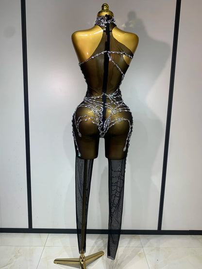 Sparkly Diamond Mesh Jumpsuit for Women - Sexy Rhinestone Nightclub, Stage Performance, Go-Go Dancer, and Drag Queen Costume