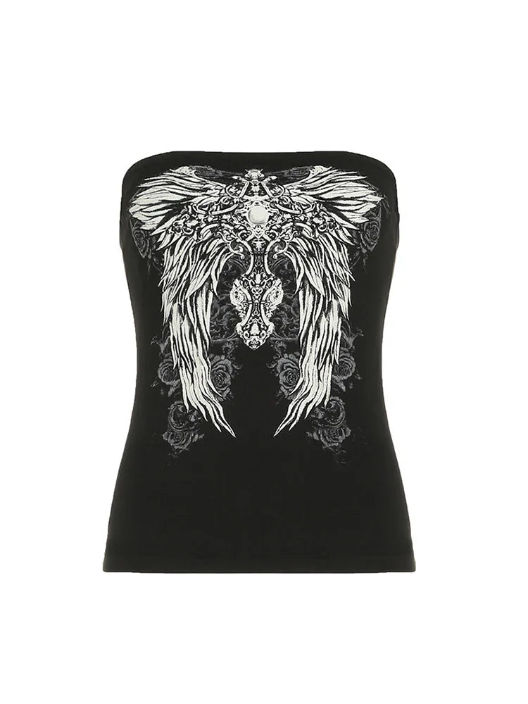 Women’s Gothic Strapless Tube Top - Black Cropped Graphic Vest for Summer Y2K Streetwear & Casual Outfits