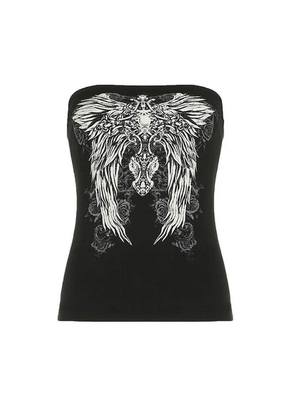 Women’s Gothic Strapless Tube Top - Black Cropped Graphic Vest for Summer Y2K Streetwear & Casual Outfits