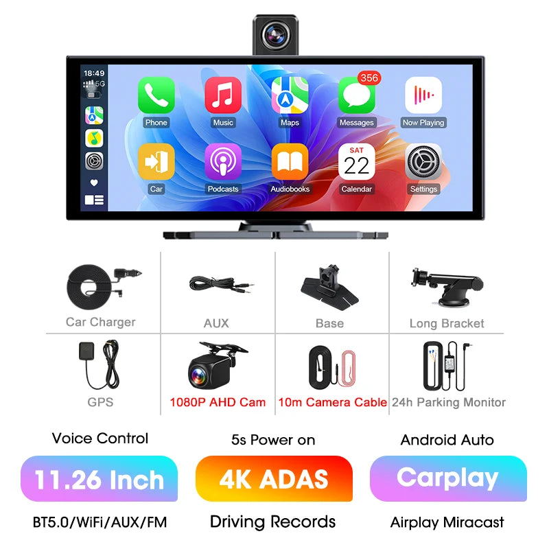11.26” 4K ADAS Dash Cam Display – Wireless Android Auto & CarPlay Screen DVR with Dual Recording, Night Vision & FM Car System