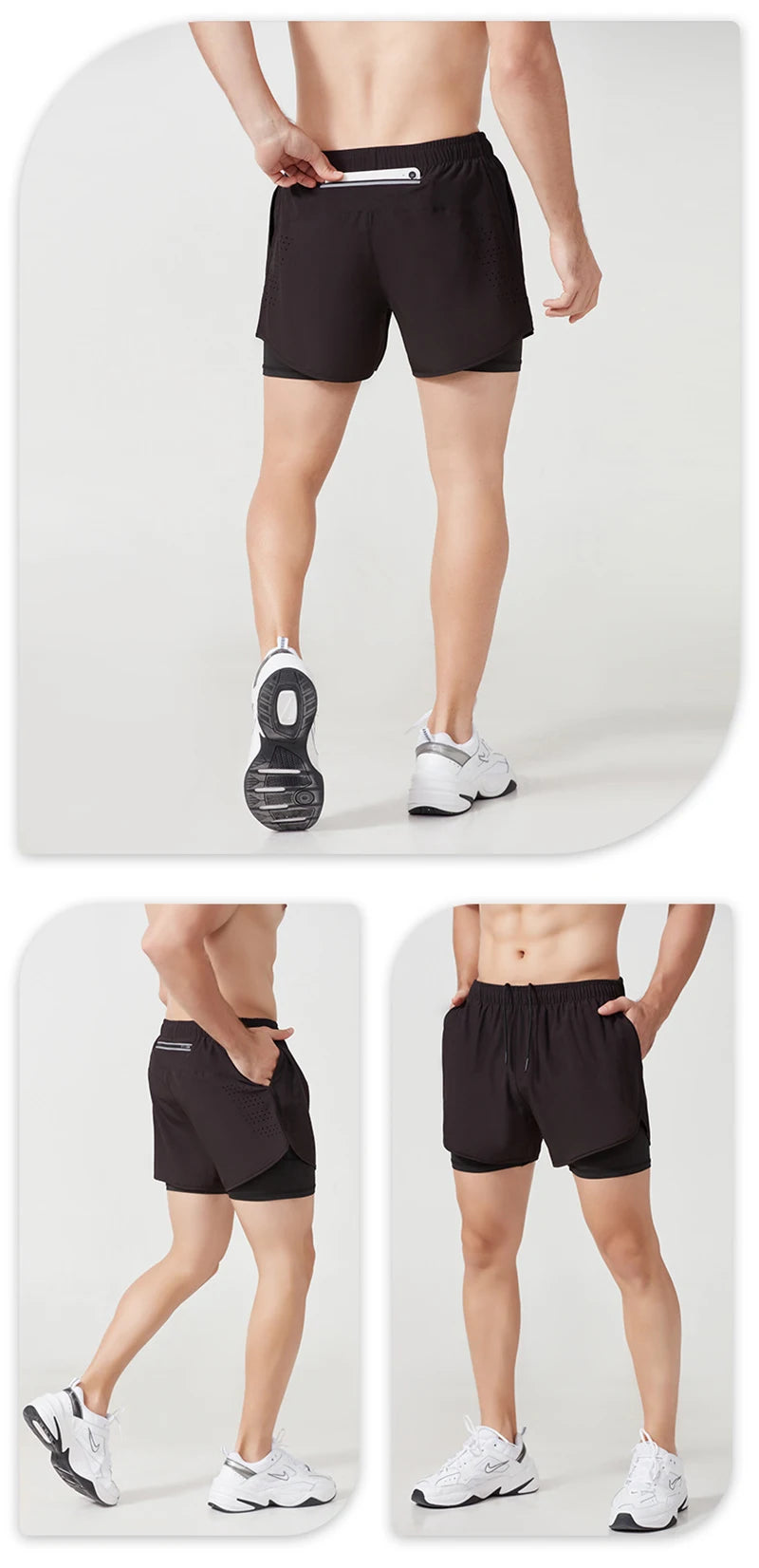 Men’s Quick-Dry Running Shorts — Black Double Layer Sport Workout Training Bodybuilding Shorts