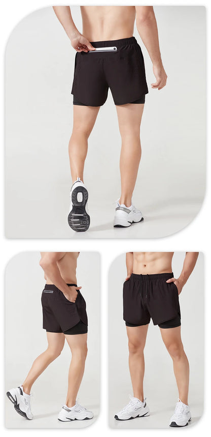 Men’s Quick-Dry Running Shorts — Black Double Layer Sport Workout Training Bodybuilding Shorts