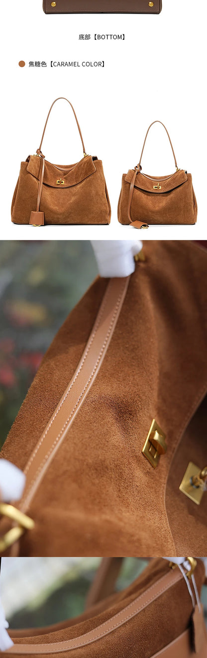 Autumn Winter Suede Leather Tote – Frosted Cowhide High-Capacity Shoulder Kelly Bag