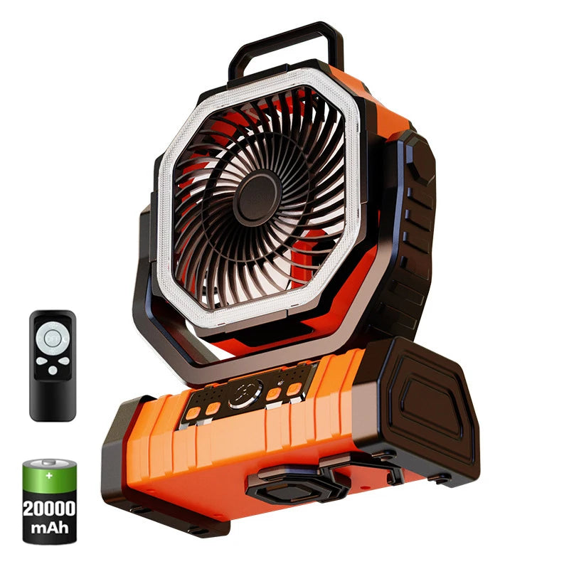 20000mAh Portable Rechargeable Fan — Battery-Operated Desk & Camping Fan with LED Light & Hook for Tent, Car, and Outdoor Trips