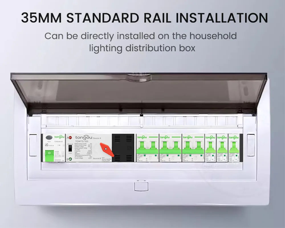 TONGOU Din Rail ATS Dual Power Automatic Transfer Switch – 2P 3P 4P Electrical Selector, Uninterrupted Power, 63A-100A Mini