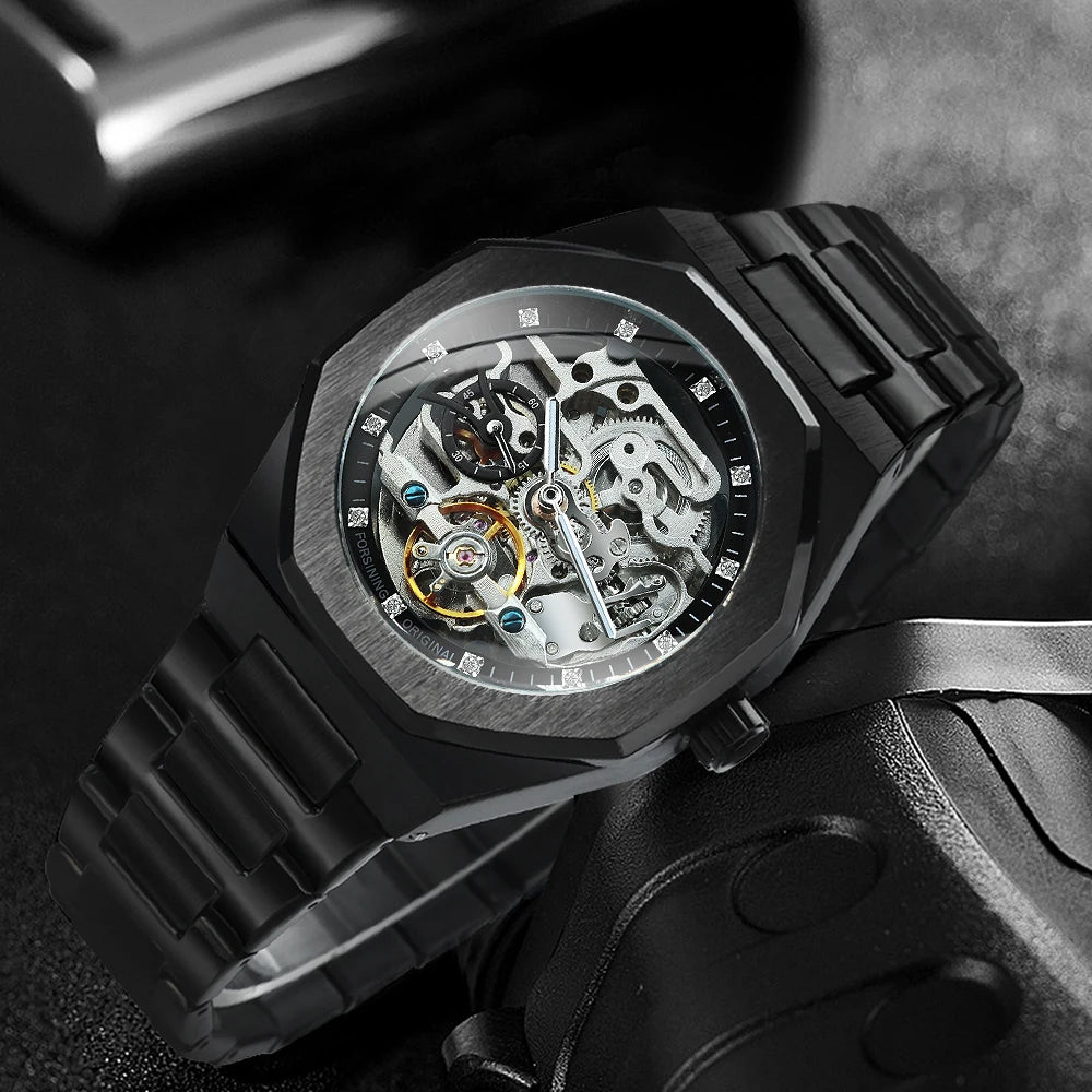 Forsining Men’s Automatic Mechanical Watch – Luminous Hands, Stainless Steel Strap, Luxury Skeleton Fashion Watch