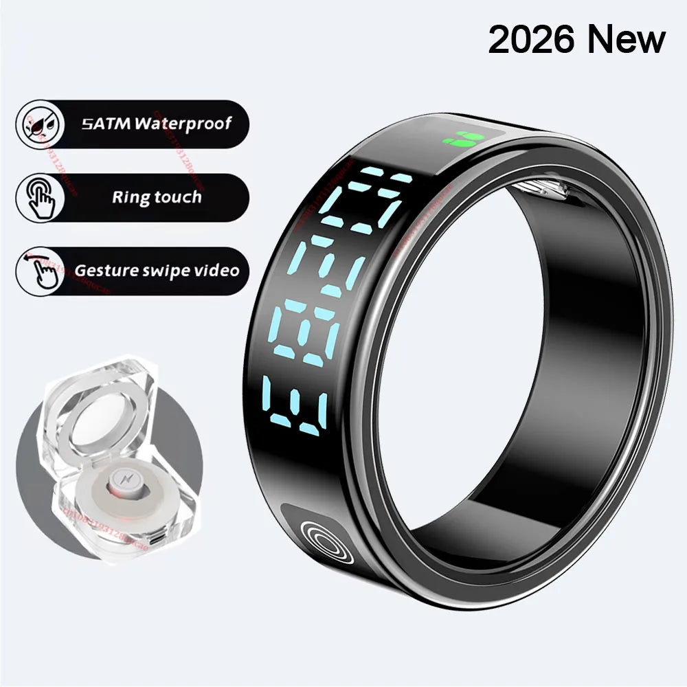 2026 R12 Smart Ring with Display Screen & Touch Control – Wireless Charging Health Tracker, 5ATM Waterproof Fitness Smart Ring for Men & Women