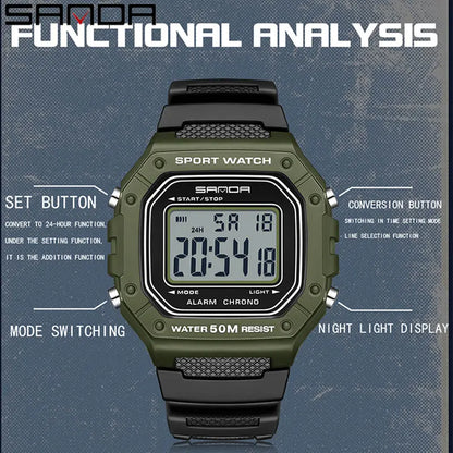 SANDA 2156 Men’s Military Sports Watch - Large Dial LED Digital Wristwatch with Stopwatch and Water Resistance