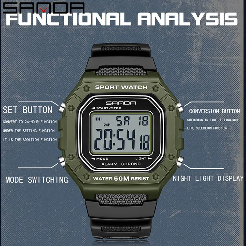 SANDA 2156 Men’s Military Digital Sports Watch - Large Dial LED Wristwatch with Stopwatch and Water Resistance