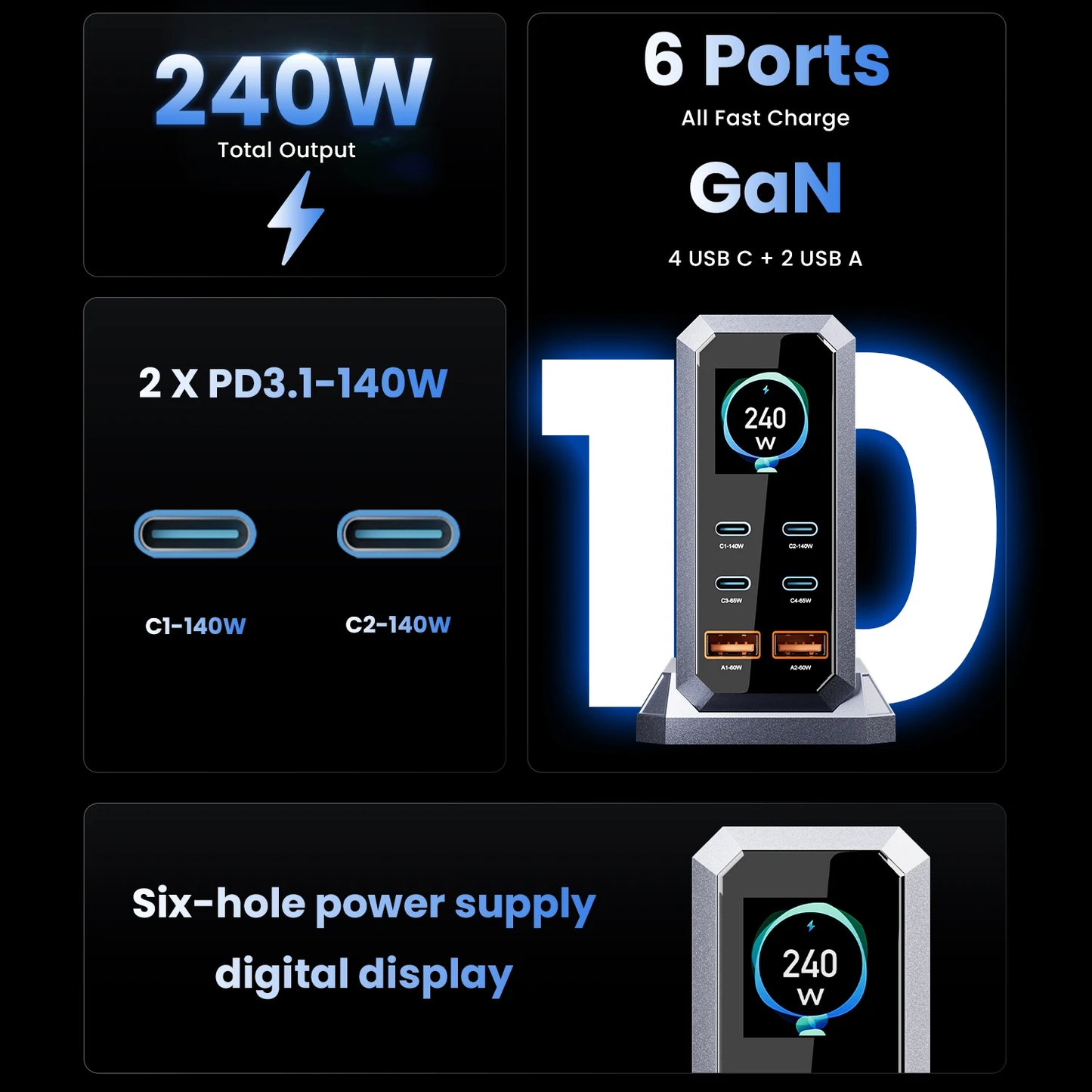 240W GaN Charging Station - 6-in-1 140W PD3.1 PPS USB-C Fast Charger with Digital Display