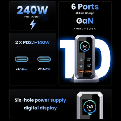 240W GaN Charging Station - 6-in-1 140W PD3.1 PPS USB-C Fast Charger with Digital Display