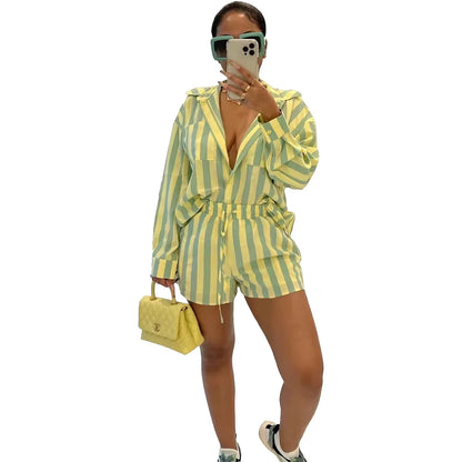 2025 Women’s Casual Striped Shorts & Long Sleeve Shirt Set – Spring Summer Office & Vacation Outfit