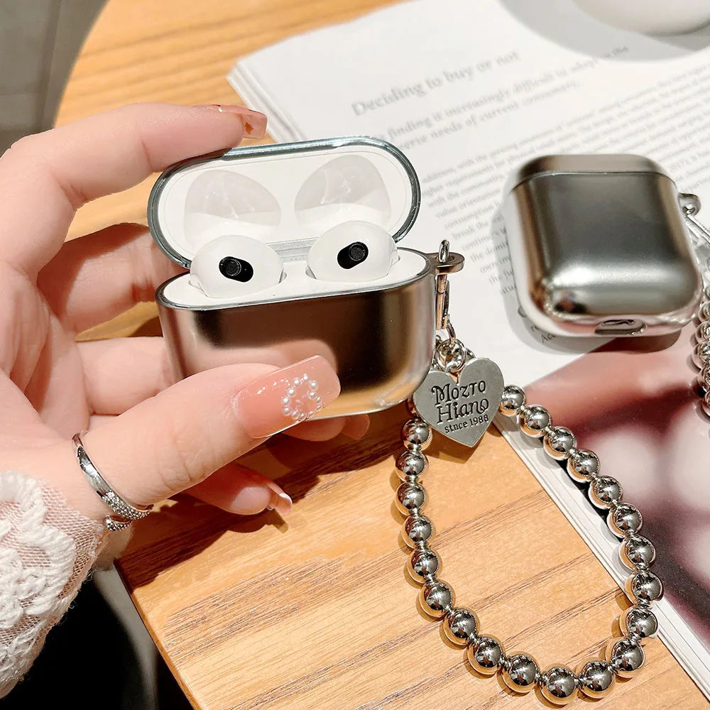Luxury Silver-Plated AirPods Case - Heart Pendant Bracelet Chain Shockproof Cover for AirPods 3/4 & Pro 2