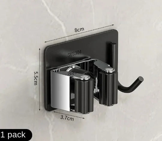 Non-Perforated Stainless Steel Mop Holder — Wall-Mounted Broom & Mop Clamp Hook for Bathroom & Door Storage