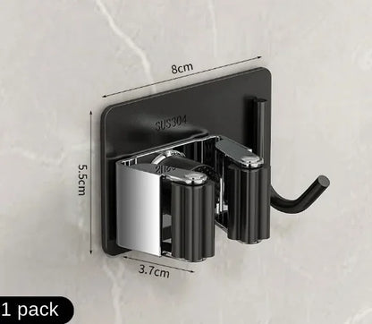 Non-Perforated Stainless Steel Mop Holder — Wall-Mounted Broom & Mop Clamp Hook for Bathroom & Door Storage