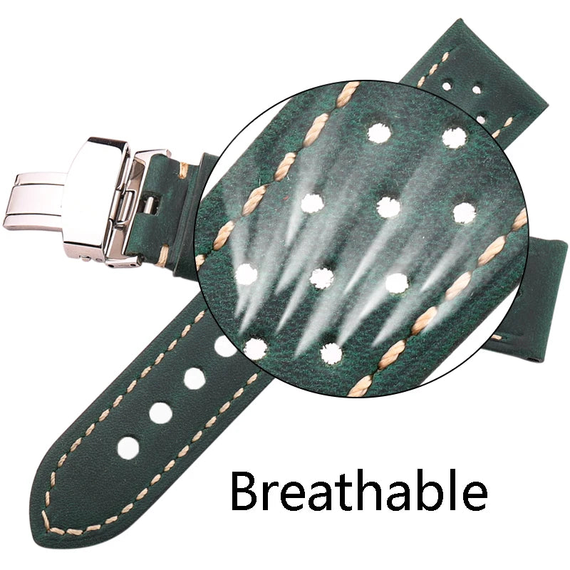 Genuine Leather Watch Band 20mm 22mm 24mm — Vintage Cowhide Strap with Deployment Clasp for Samsung Galaxy Watch 3/4