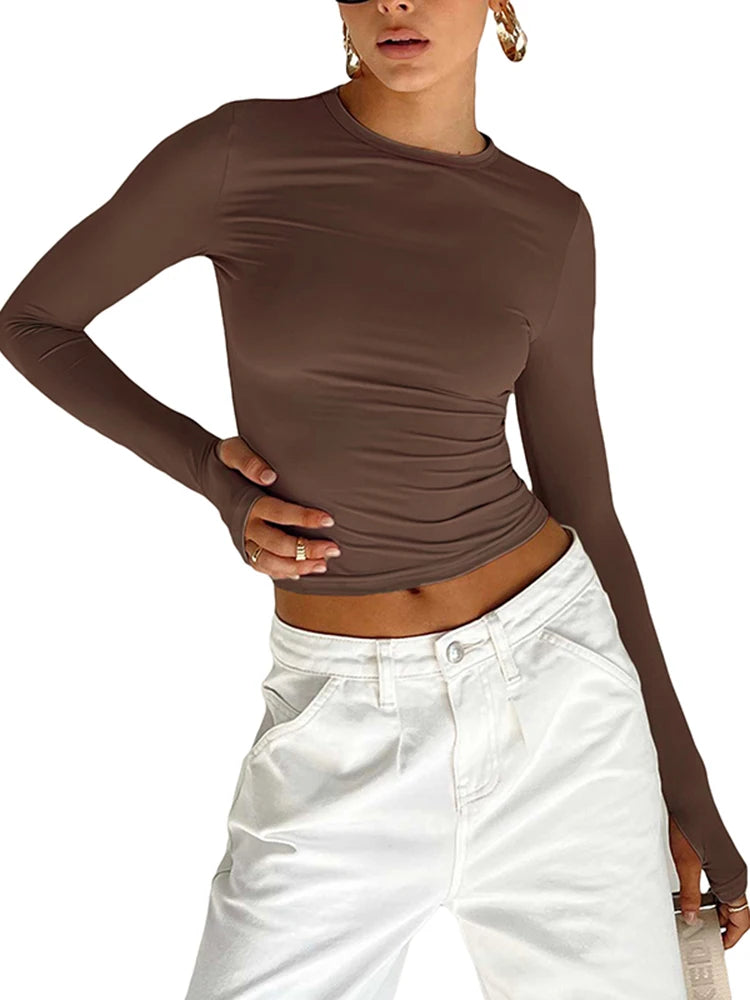Women’s Slim Fit Long Sleeve Crop Top – Crew Neck Thumb Hole T-Shirt, Solid Streetwear Basic Summer Camis Top