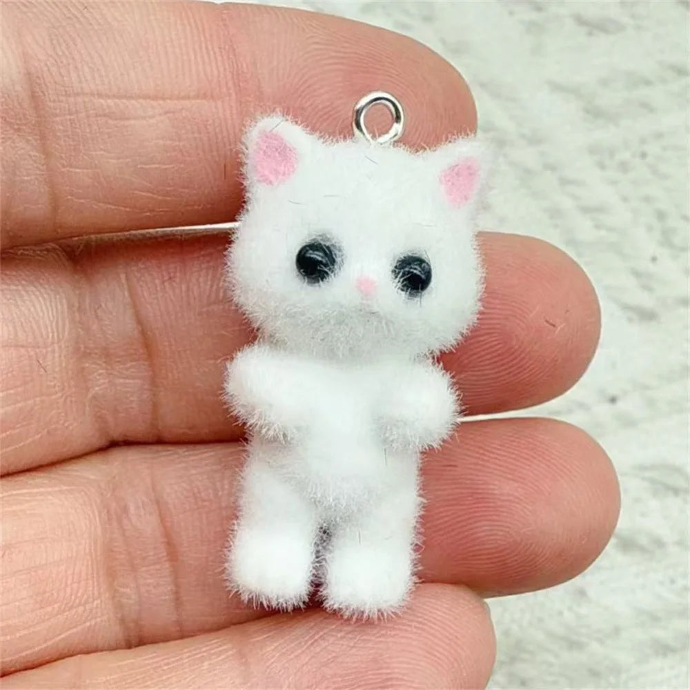 4-Piece Kawaii 3D Flocking Cat Charms - Colorful Resin Animal Pendants for Keychains, Necklaces & DIY Jewelry Making
