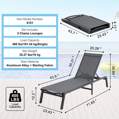 SucceBuy Outdoor Aluminum Chaise Lounge Chair — Folding Patio Pool Recliner, Full Flat Sun Lounger in Dark Grey