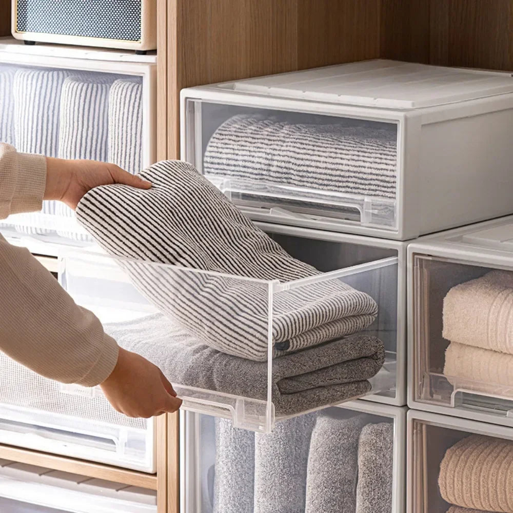 Wardrobe Storage Box – High-Capacity Transparent Stackable Drawer Container for Household Organization