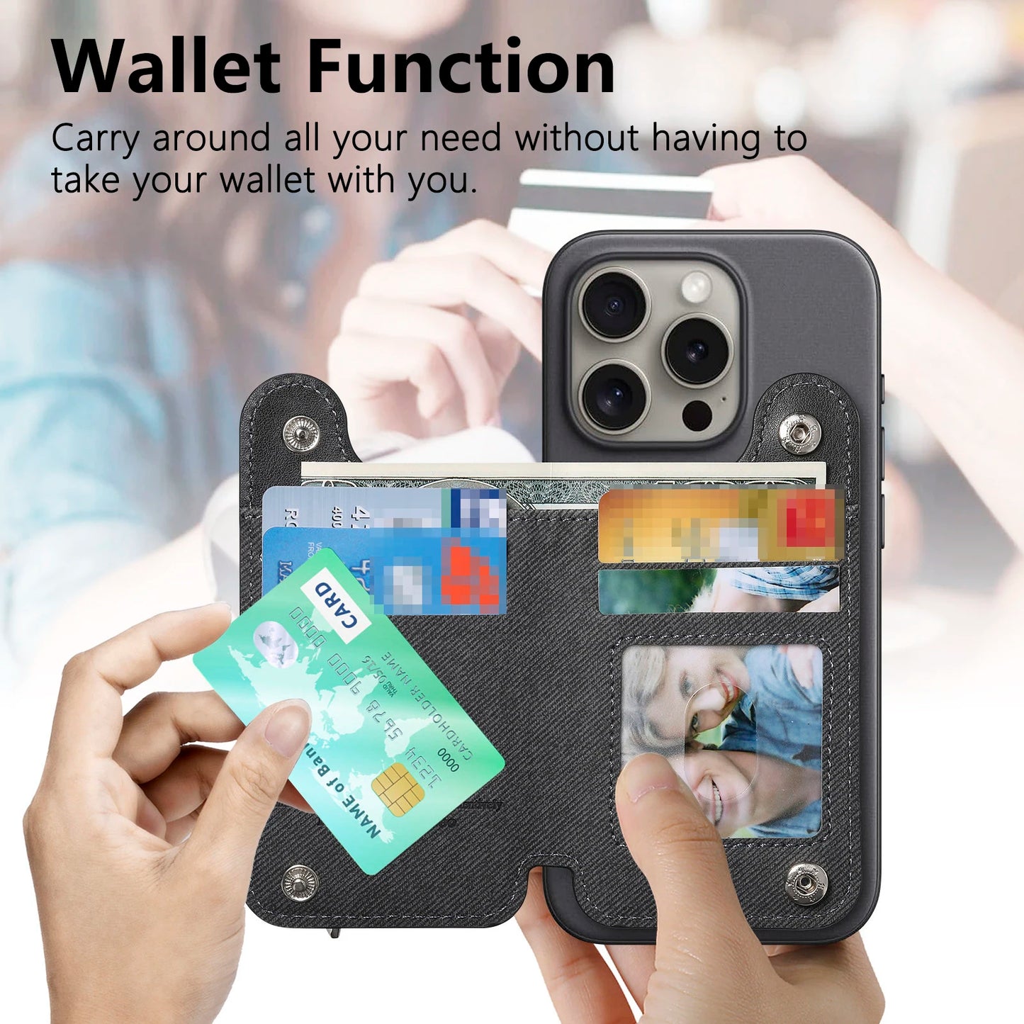 Flip Card Phone Case - Zipper Wallet Card Holder with Wrist Strap and Desktop Stand Support