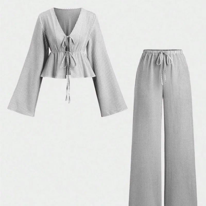 Striped Lace-Up Women’s 2-Piece Matching Set – Casual Office Commuting Outfit, Simple All-Match Two-Piece Set