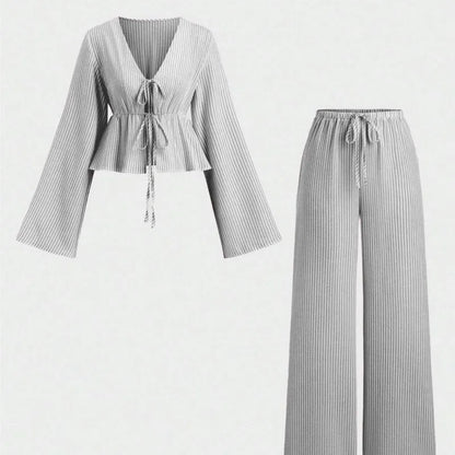 Striped Lace-Up Women’s 2-Piece Matching Set – Casual Office Commuting Outfit, Simple All-Match Two-Piece Set