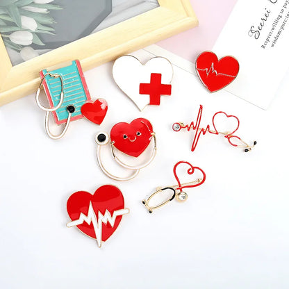 European & American Creative Badge Jewelry — Personalized Cartoon Hearing Device Pin, Love Red Cross Baked Paint Alloy Accessory