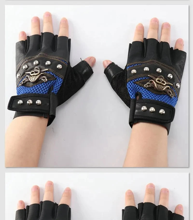 Pirate Skull PU Leather Fingerless Gloves for Men & Women – Hip Hop, Gym, Moto Half-Finger Mitts with Rivets