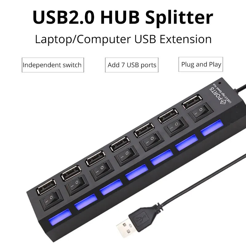 7-Port USB 2.0 Switch Extension Hub — One-to-Seven USB Splitter for PC, Laptop & Desktop