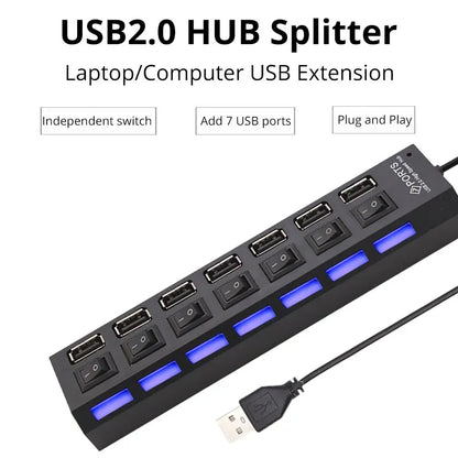 7-Port USB 2.0 Switch Extension Hub — One-to-Seven USB Splitter for PC, Laptop & Desktop