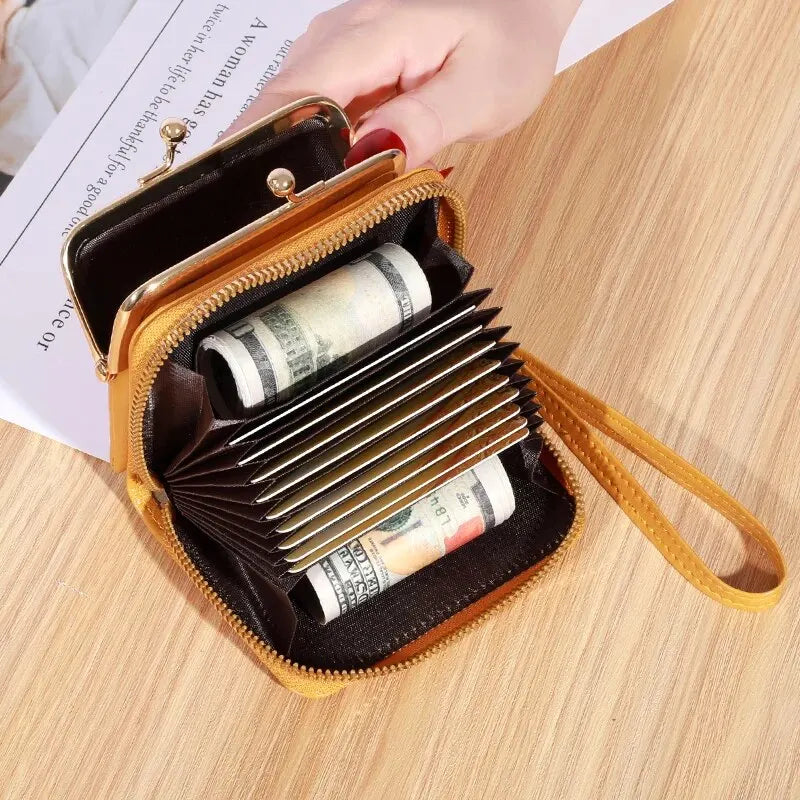 Women's Wrist Strap Wallet - Large Capacity Short Wax Oil Leather Zero Wallet with Multi-Card Holder and Letter Design