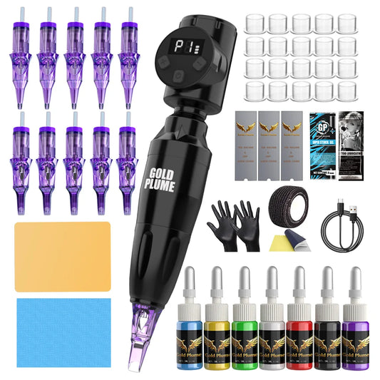 GOLDPLUME Wireless Tattoo Machine Kit - Black Rotary Pen with 10 Cartridges and Full Accessories for Artists