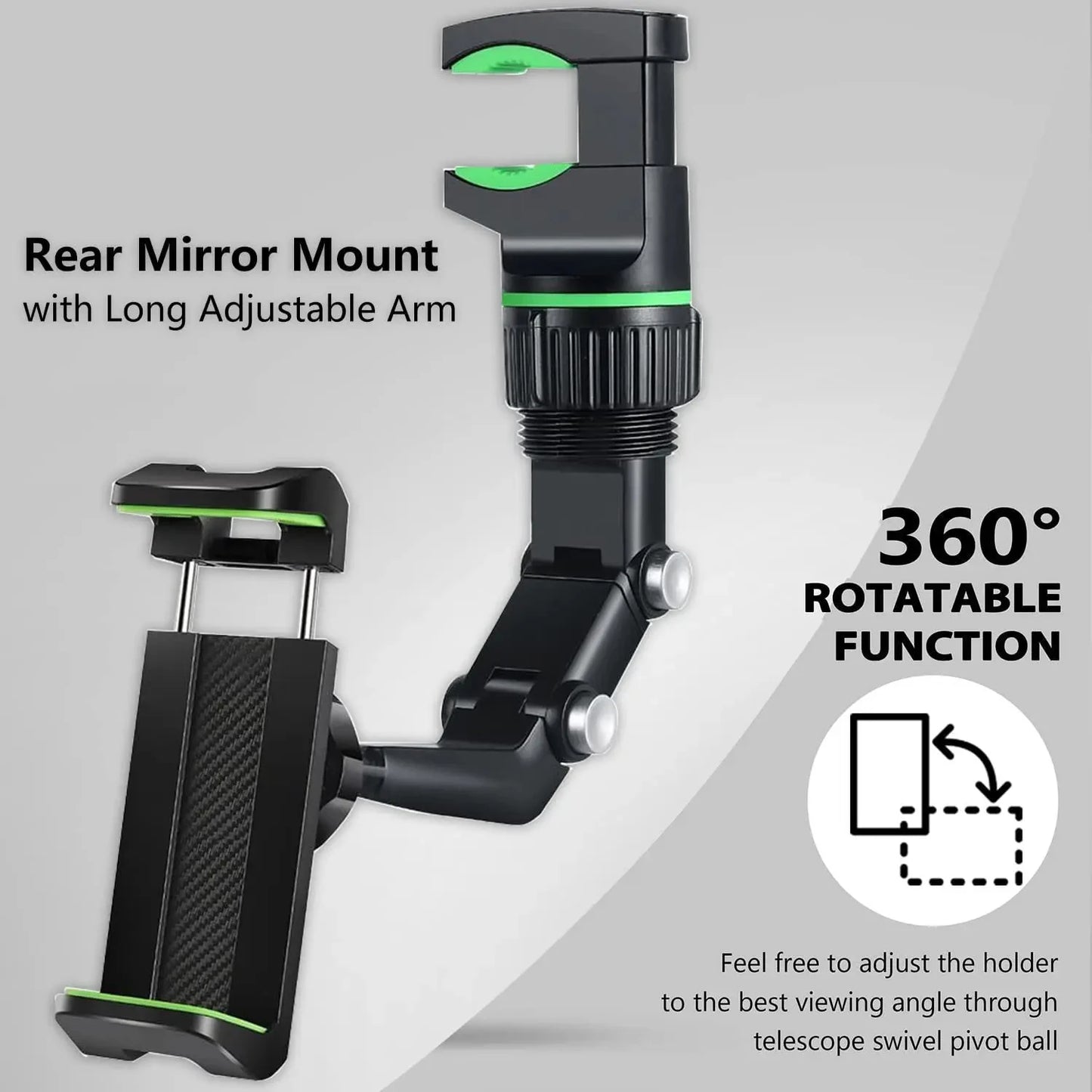 Rearview Mirror Phone Holder for Car - 360° Rotating GPS Mount, Universal Car Phone Holder for All Smartphones